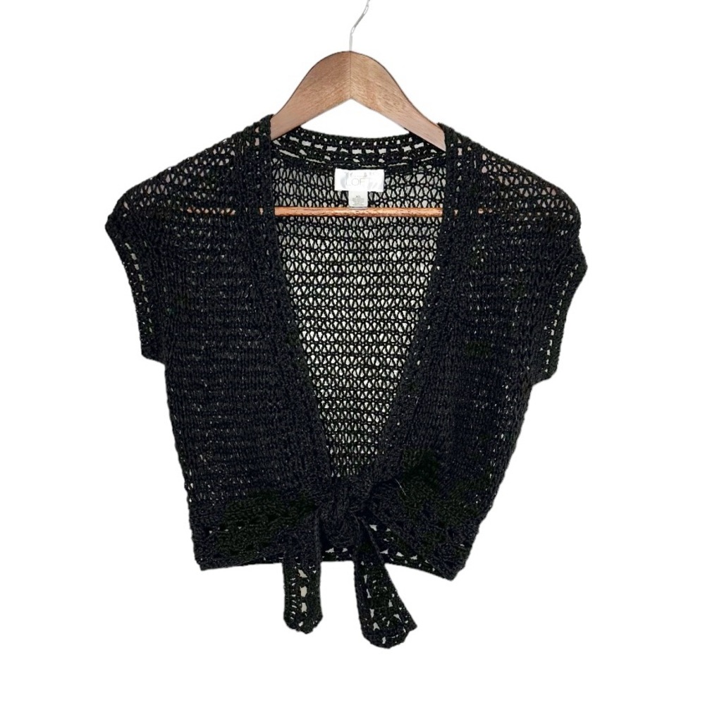 Ann Taylor LOFT Women’s Vintage Black Cropped Tie Front Crochet Sheer Top
